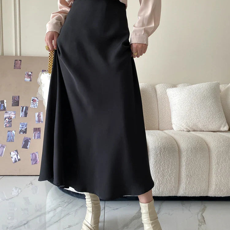 High Waisted Satin Long Skirts for Women Spring/Summer New Women's Skirt A-line Fashion Elegant Slim Fit Grey Black Skirt