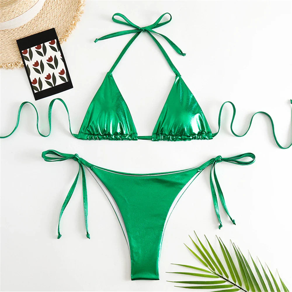 Halter Triangle Sexy Bikini Sets 2023 Women Patent Leather Glitter Swimsuit Summer Solid G-String Swimwear Side Lace Up Monokini s6Green