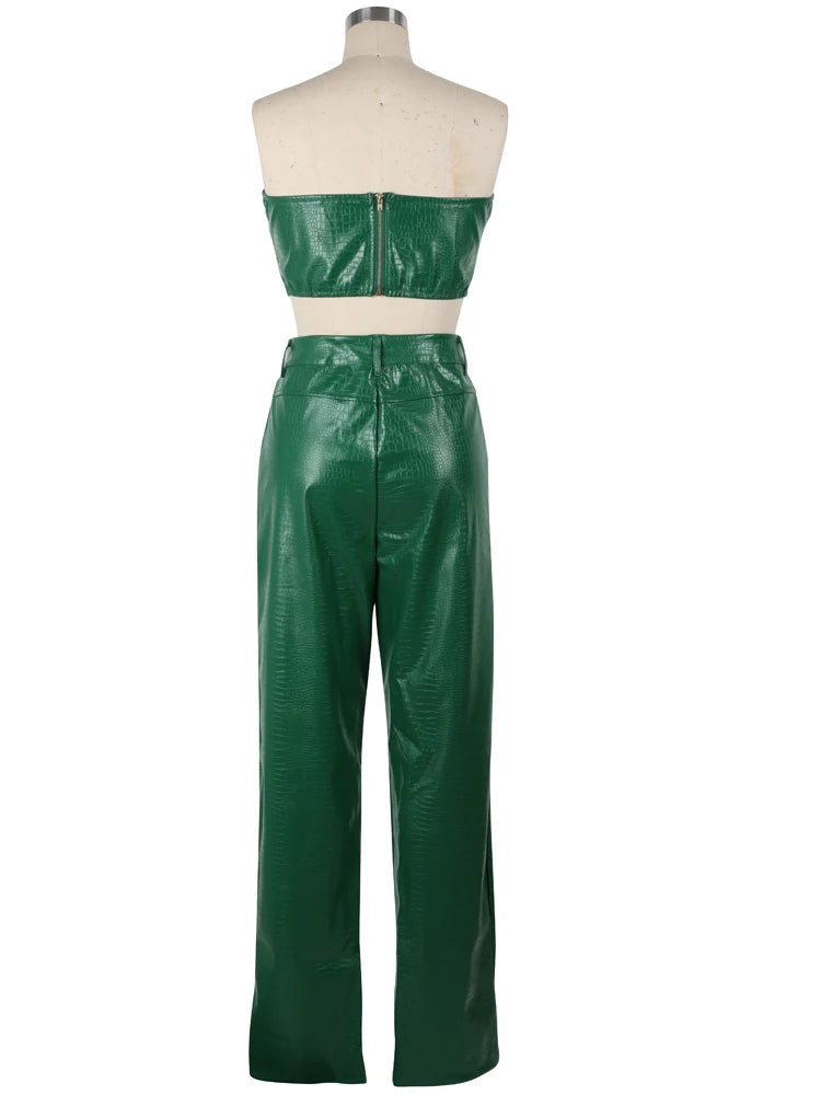 Women's Green Corset Cut-Out Cargo Metallic Jumpsuits PU Leather Matching Set Sexy Clubwear 2 Piece Outfits