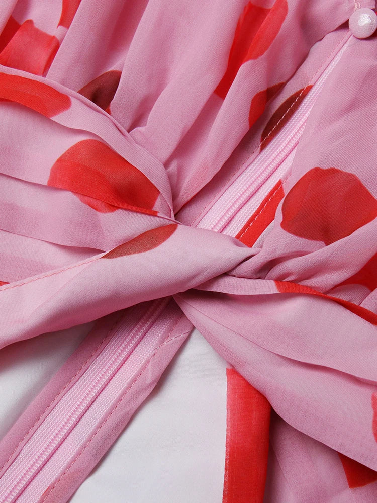 TWOTWINSTYLE Cut Out Ruched Patchwork Floral Dress For Women V Neck Long Sleeve High Waist Print Mini Dresses Female Clothes New