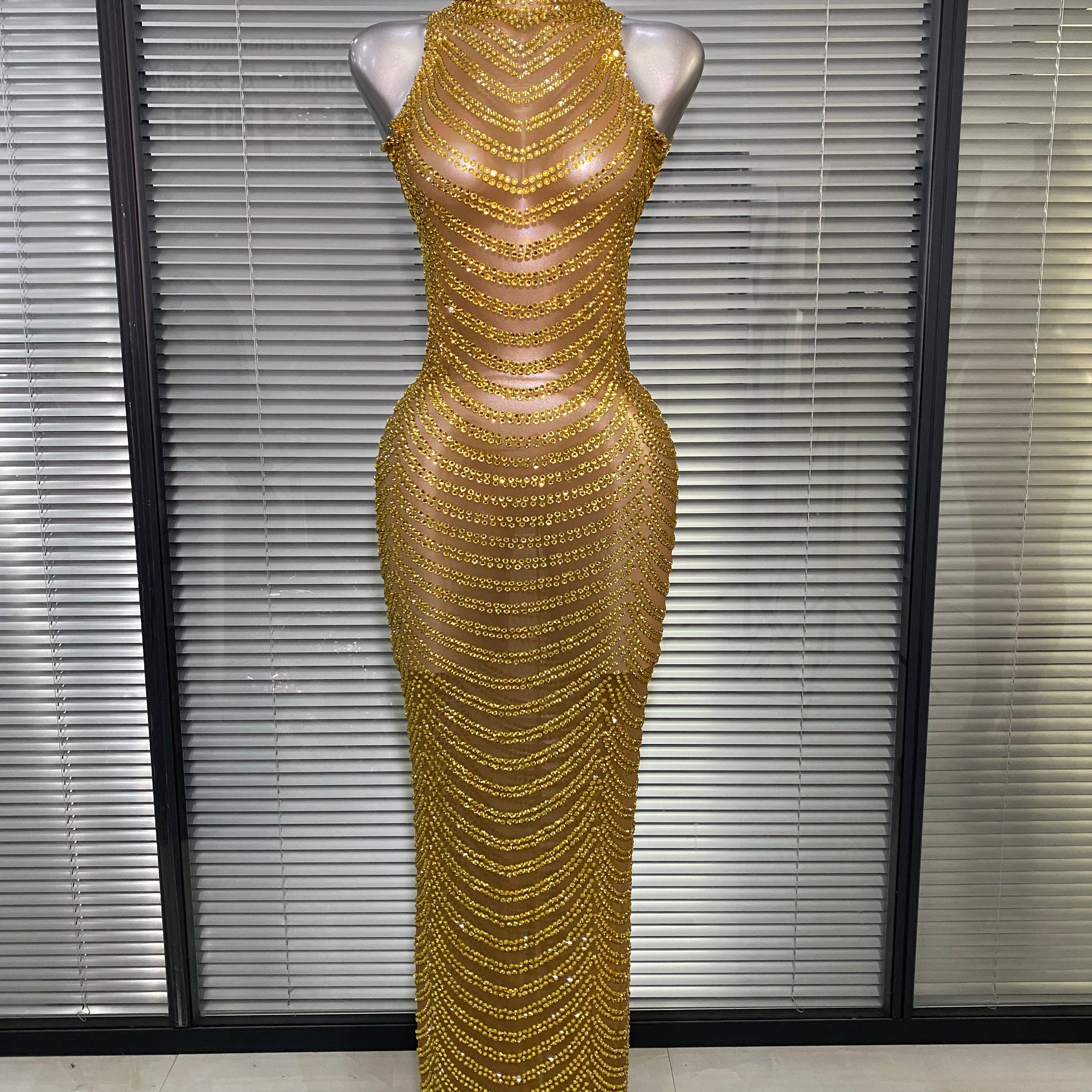 Women Sexy Mesh Crystal Diamonds Gold Long Maxi Dress See Through Celebrity Party Costume Singer Stage Performance Costume