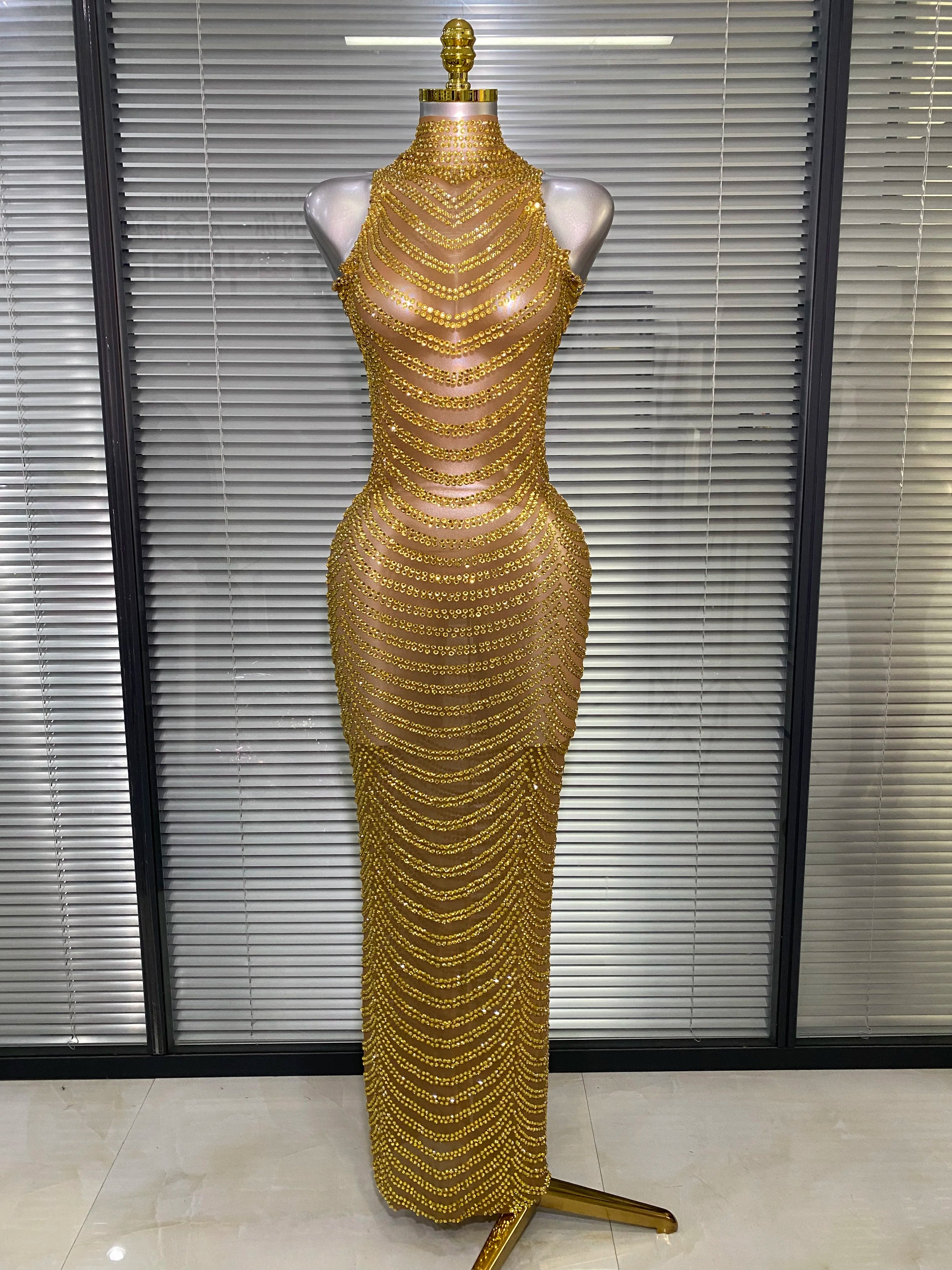 Women Sexy Mesh Crystal Diamonds Gold Long Maxi Dress See Through Celebrity Party Costume Singer Stage Performance Costume