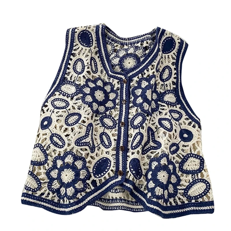 Women Vintage Hollow Out Crochet Crop Vest Embroidery Floral Sleeveless for Jack P8DB Blue