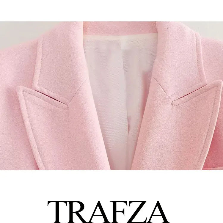 Women's Fashion Long Sleeve Lapel False Pocket Trim Blazer Women's Elegant Double Breasted Solid Color Suit Autumn