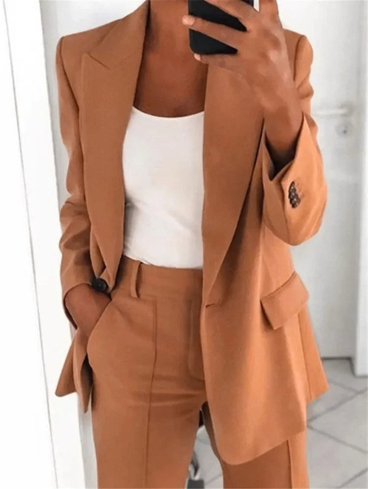 S-5XL Women's Blazer Casual Long-sleeved Top Solid Color Suit Collar Button Simple Temperament Commuter Plus Size Blazer Khaki TOP