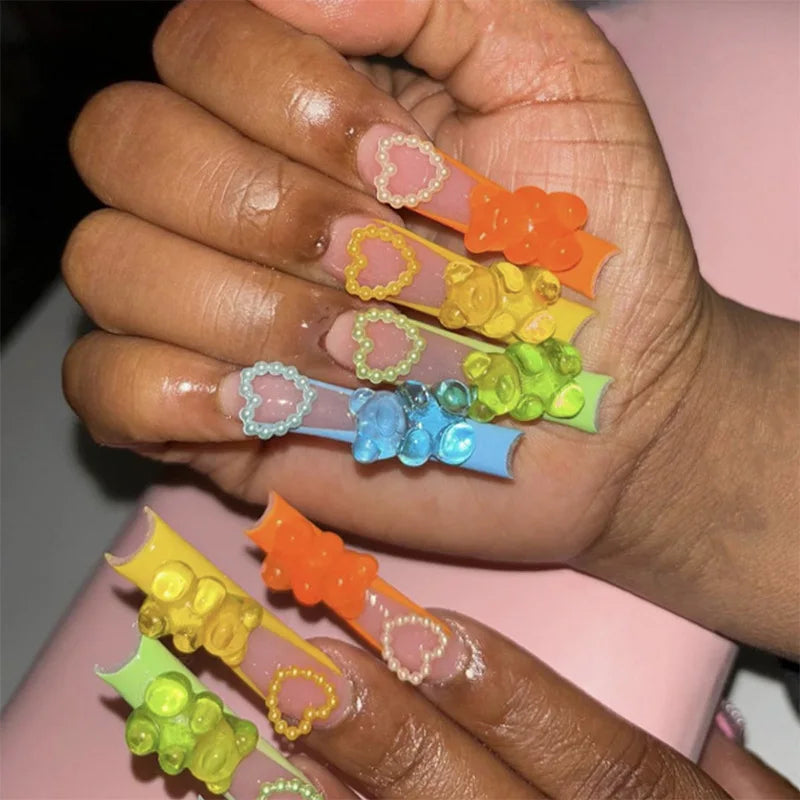 24Pcs French Tip Press on Nails Long Glitter Rhinestone False Nails Wearable Y2k 3D Bow Tie Designs Fake Nails with Jelly Glue