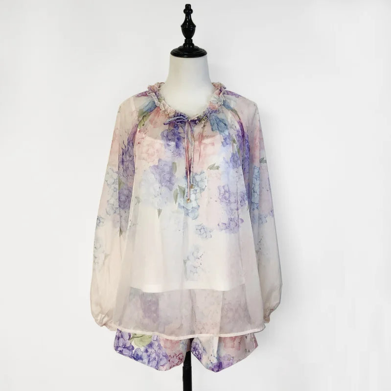 Shot In Stock Australian Spring Summer Celebrity Liu Shishi Same Style Purple Floral Long Sleeve Shirt + Shorts Set