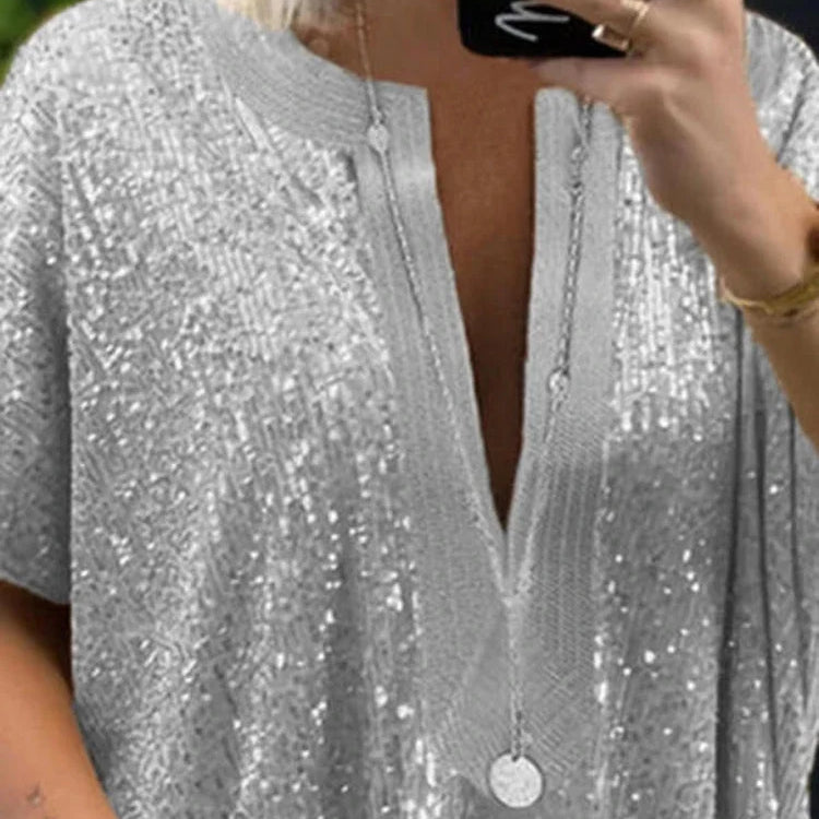 Women Blouses and Tops Large Size Designers Summer Short Sleeve V Neck Sequin Splic Long Shirts Womans Clothing