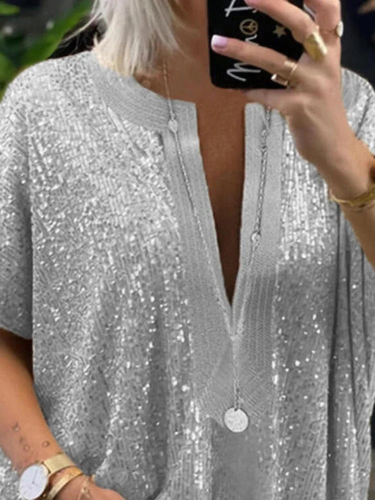 Women Blouses and Tops Large Size Designers Summer Short Sleeve V Neck Sequin Splic Long Shirts Womans Clothing