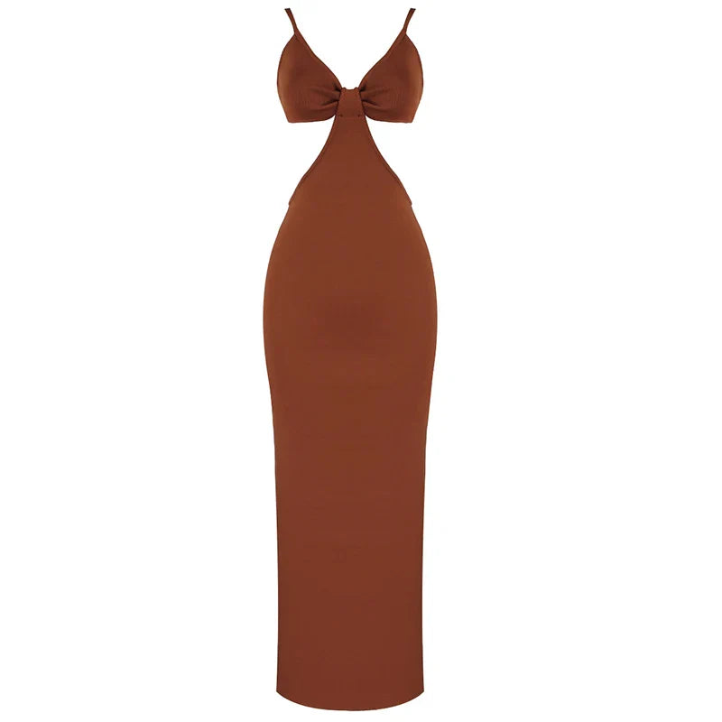 Women Sleeveless Sexy V-Neck Bodycon Mid-calf Dress Bandage Fashion Celebrate Birthday Party Dress