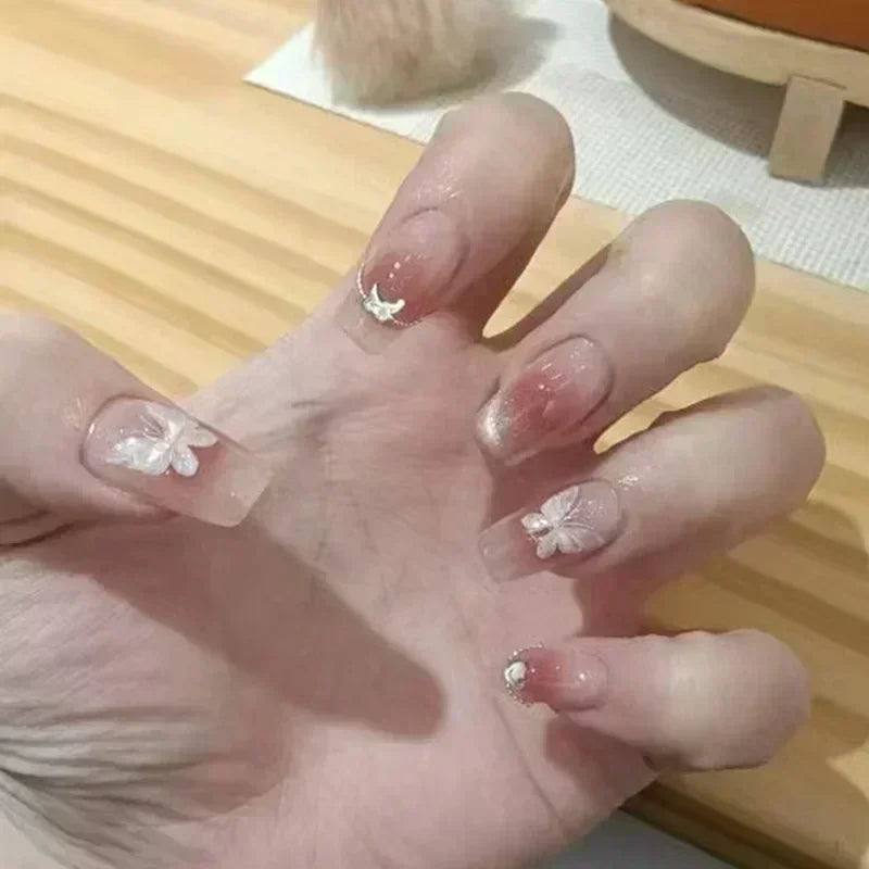 24 peças de unhas postiças de rosas vermelhas, flores longas, balé, design de unhas postiças francesas, cobertura total, pontas de unhas postiças vestíveis, arte