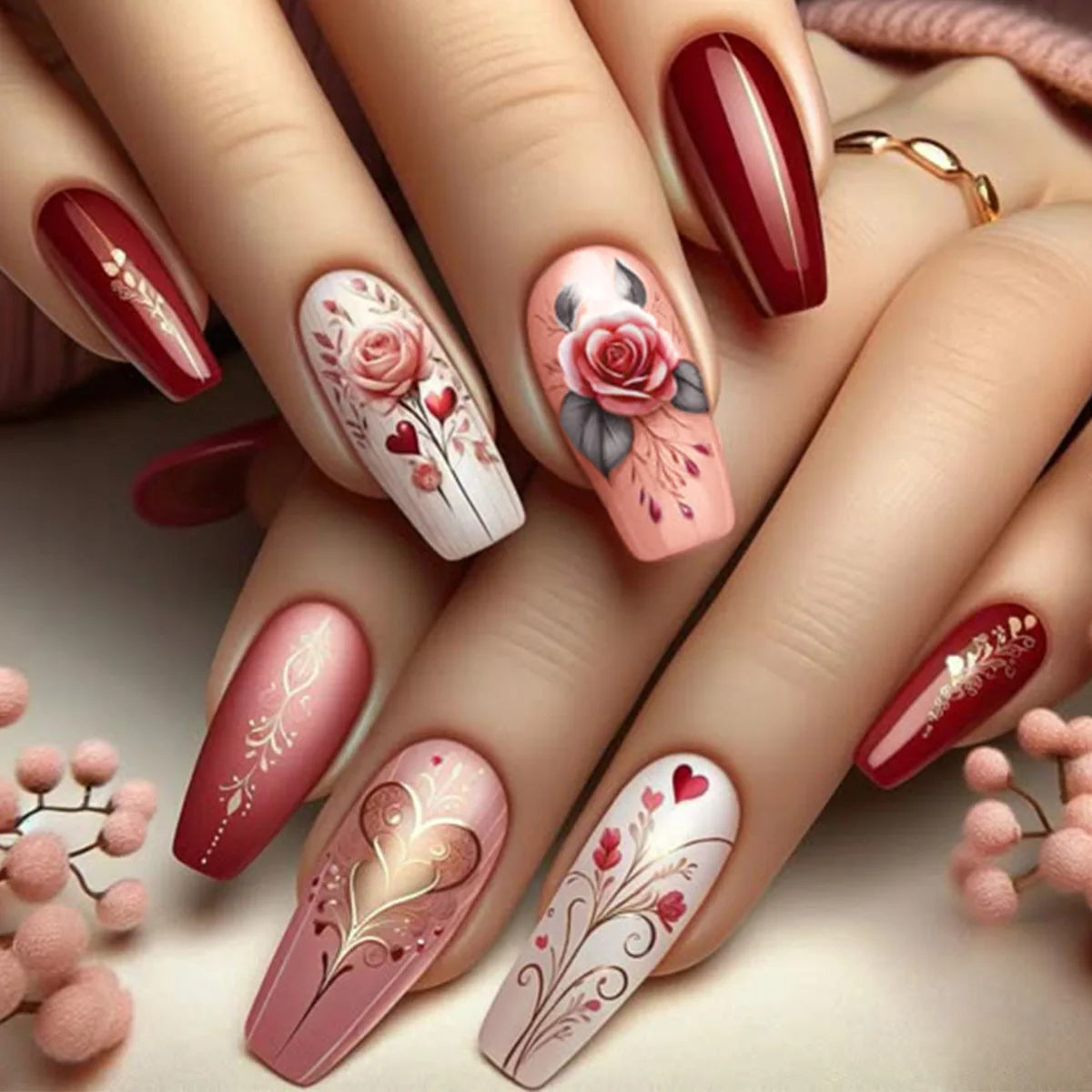 24Pcs Long Ballet False Nails Dark Red Flower Press on Nails Stripe French Coffin Nails Romantic Rose Medium Acrylic Fake Nail