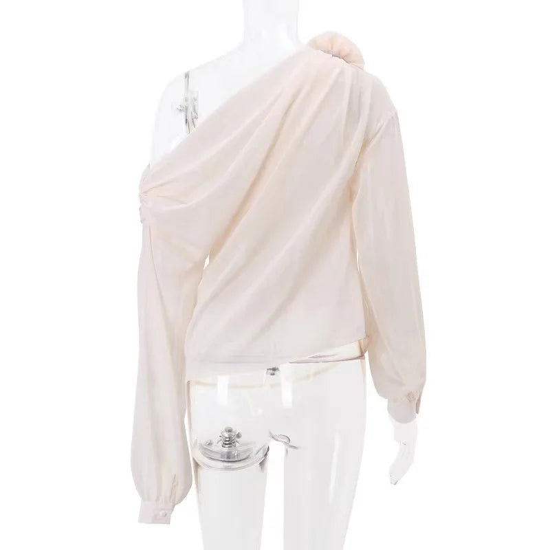 New Sexy Skew Collar Floral Applique Mesh Chiffon Tops For Women Elegant Fashion Club Cropped Tops See Through Pullover