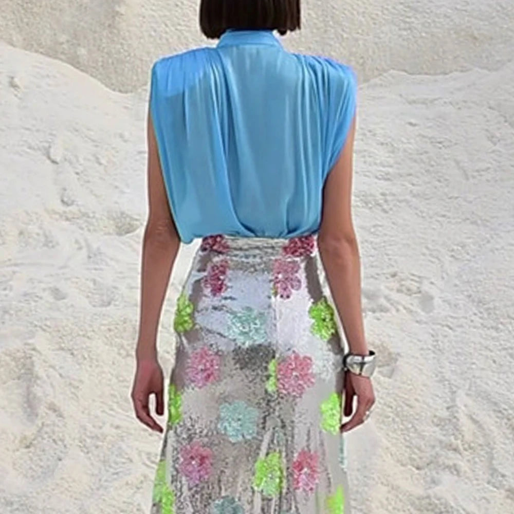 TWOTWINSTYLE Solid Loose Spliced Bow Elegant Blouses for Women Round Neck Sleeveless Temperament Blouses Female Fashion Clothing