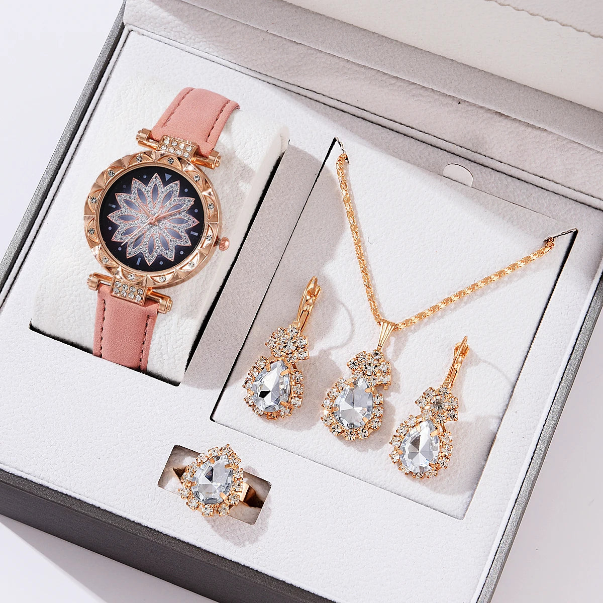 5pcs Set Watches Women Leather Band Ladies Watch Simple Casual Women's Analog WristWatch Bracelet Gift Montre Femme 5pcs set pink