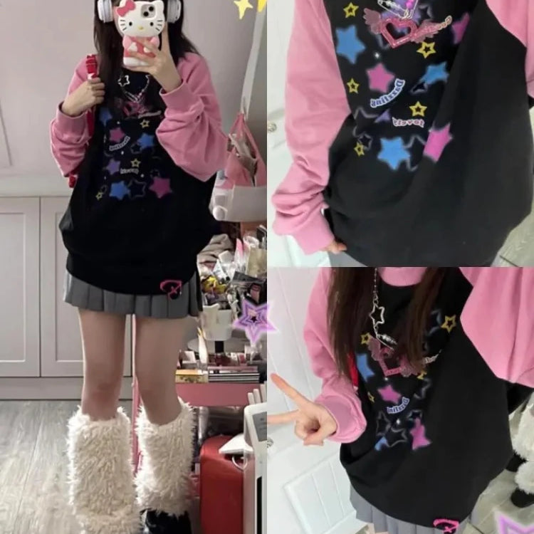 ADAgirl Women Star Graphic Hoodies Y2K Aesthetic Raglan Sleeve Sweatshirt E-girl Oversized Harajuku Tops Cutecore Kawaii Clothes