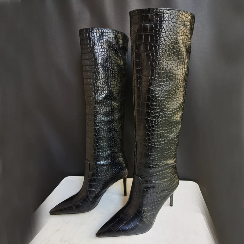 Size 43 Women Sexy Pattern Knee High Boots 2022 Autumn High-heel Pointed Toe Women's Shoes Black
