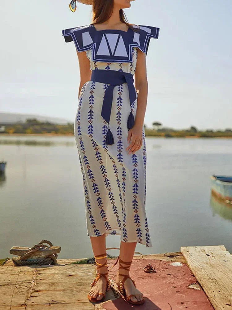 Fashion Lapel Flying Sleeve Print Dress Women Loose O Neck With Tassels Belt Midi Dresses Spring Elegant Female Party Vestidos Blue