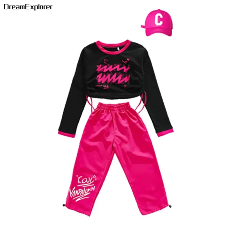 Girls Hip Hop Crop Top Street Dance Skirts Boys Cool Sweatshirt Pink Cargo Pants Child Streetwear Kids Jazz Costumes Clothes Set Pant Girl 3 Pcs