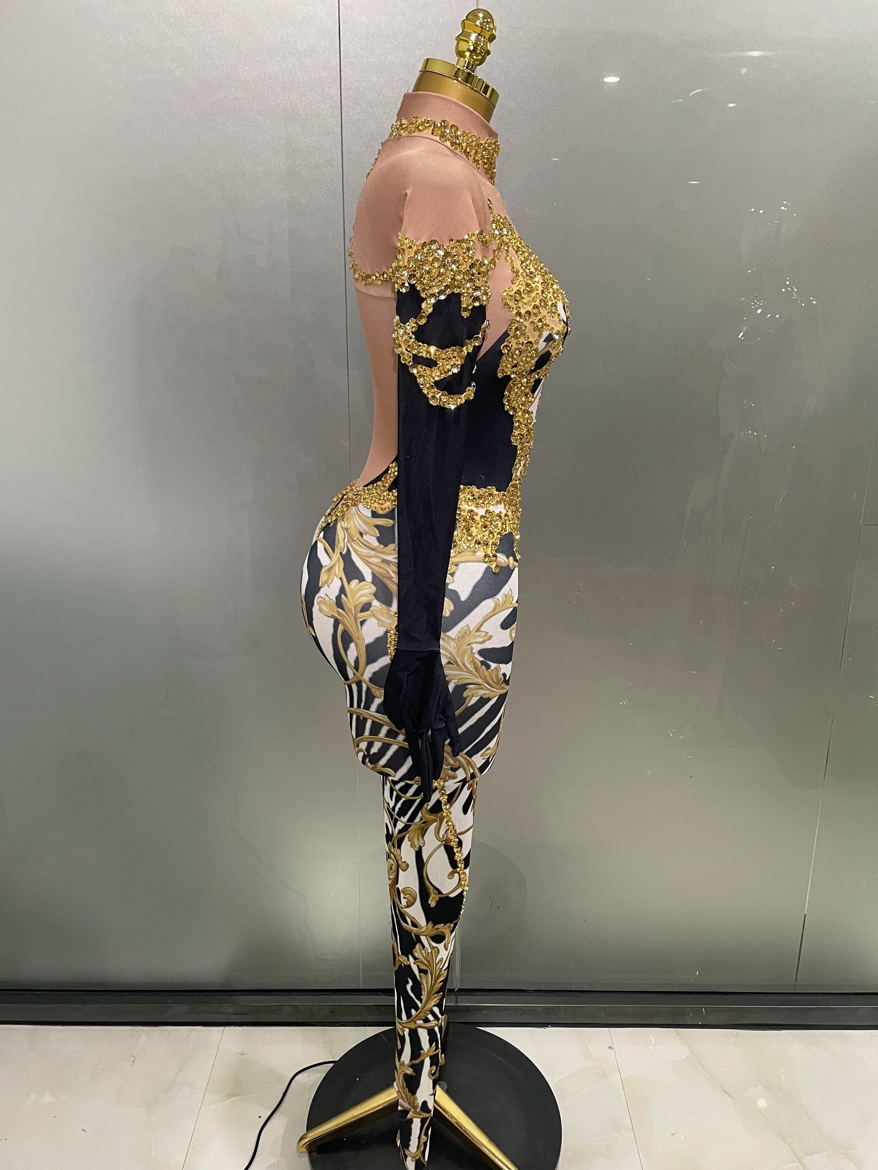 Sparkly Gold Rhinestones Jumpsuit With Gloves 2025 New Women Sexy Printed Party Nightclub Bar Singer Stage Performance Costume