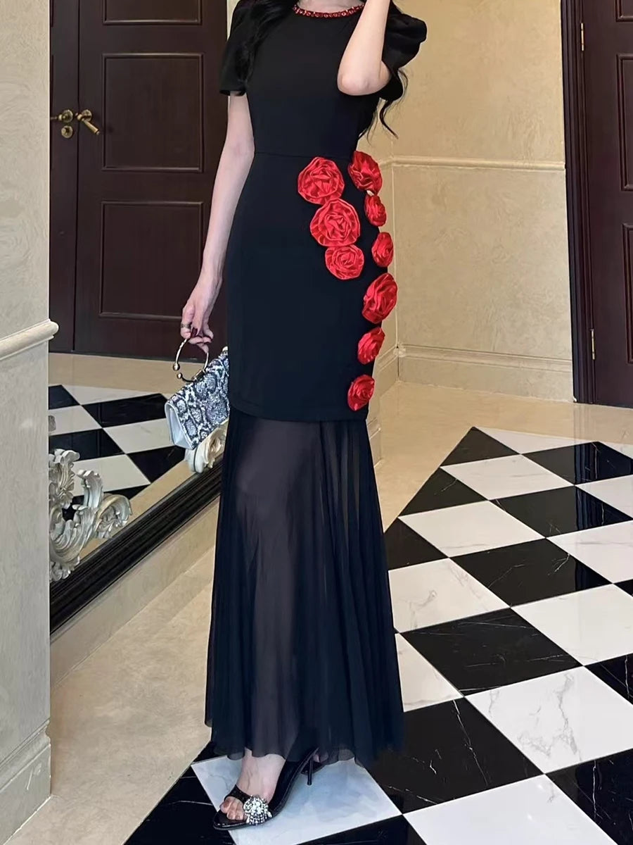 TWOTWINSTYLE Hit Color Slimming Spliced 3D Flower Elegant Dresses for Women Round Neck Short Sleeves Dress Femlae Clothing New
