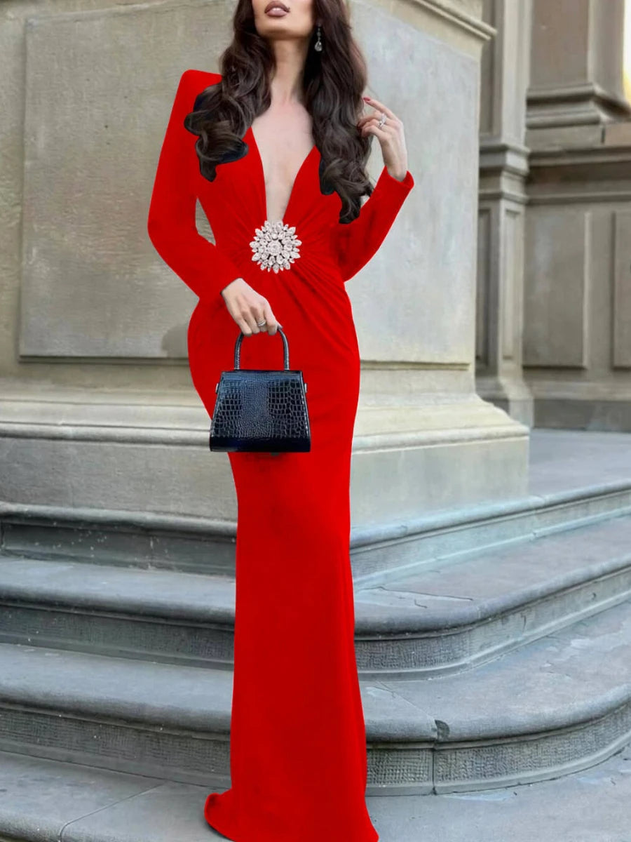 TWOTWINSTYLE Solid Slimming Spliced 3D Flower Dresses for Women V Neck Long Sleeves Temperament Dress Female Fashion Clothing