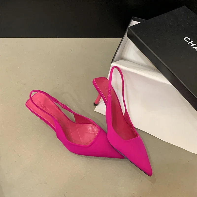 Summer Pointed Toe Women Sandals Fashion Slip On Singbacks Slides Ladies Elegant High Heel Sandalias Women's Party Dress Pumps Rosy Red