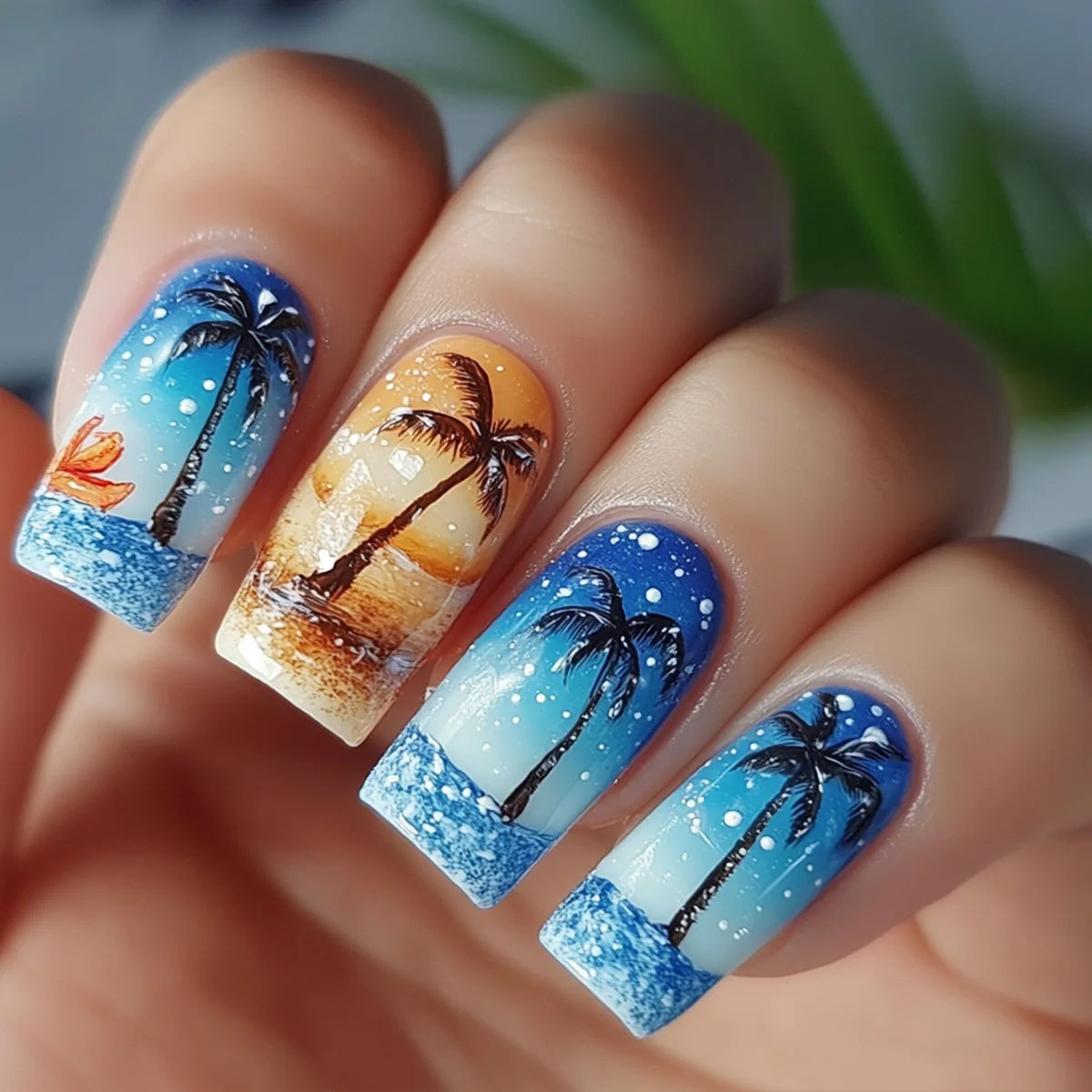 24 peças unhas postiças quadradas estilo feriado, pó azul degradê com padrão de coqueiro, unhas postiças de pressão, ponta de unha francesa usável