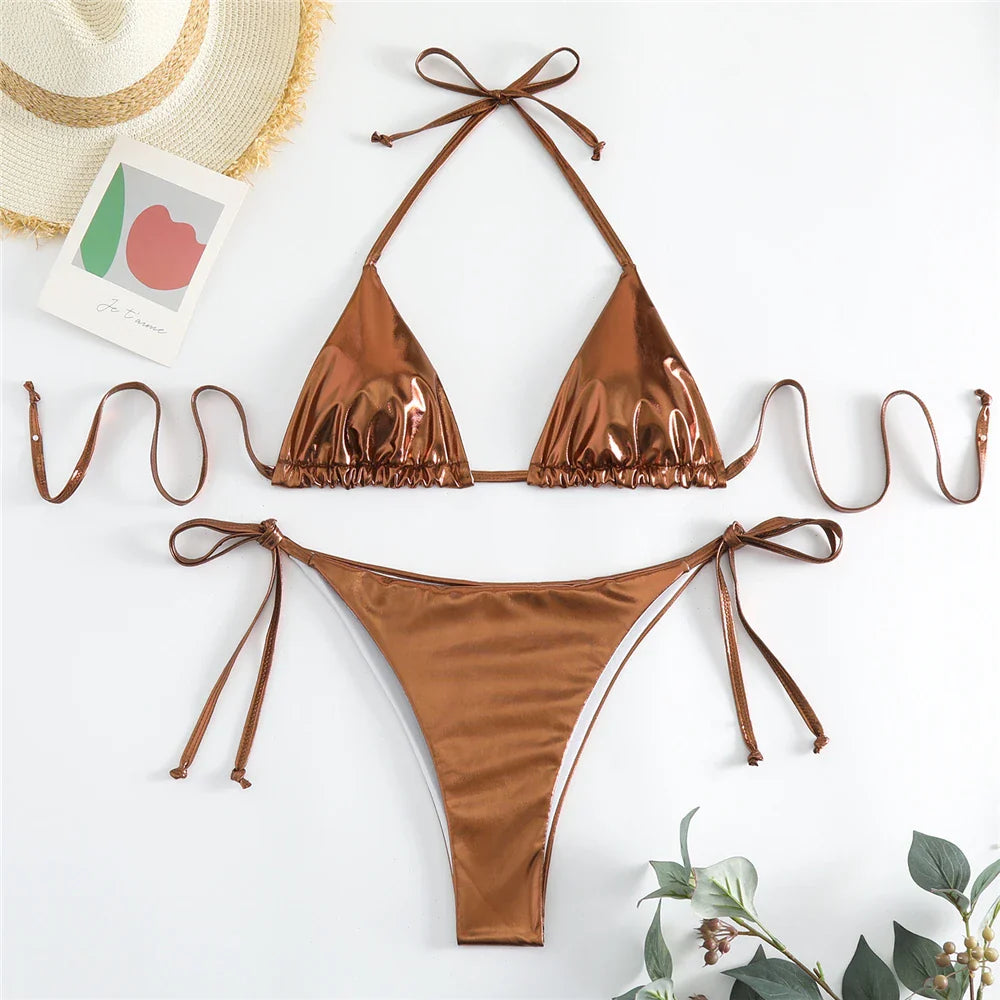Halter Triangle Sexy Bikini Sets 2023 Women Patent Leather Glitter Swimsuit Summer Solid G-String Swimwear Side Lace Up Monokini s17Bronze