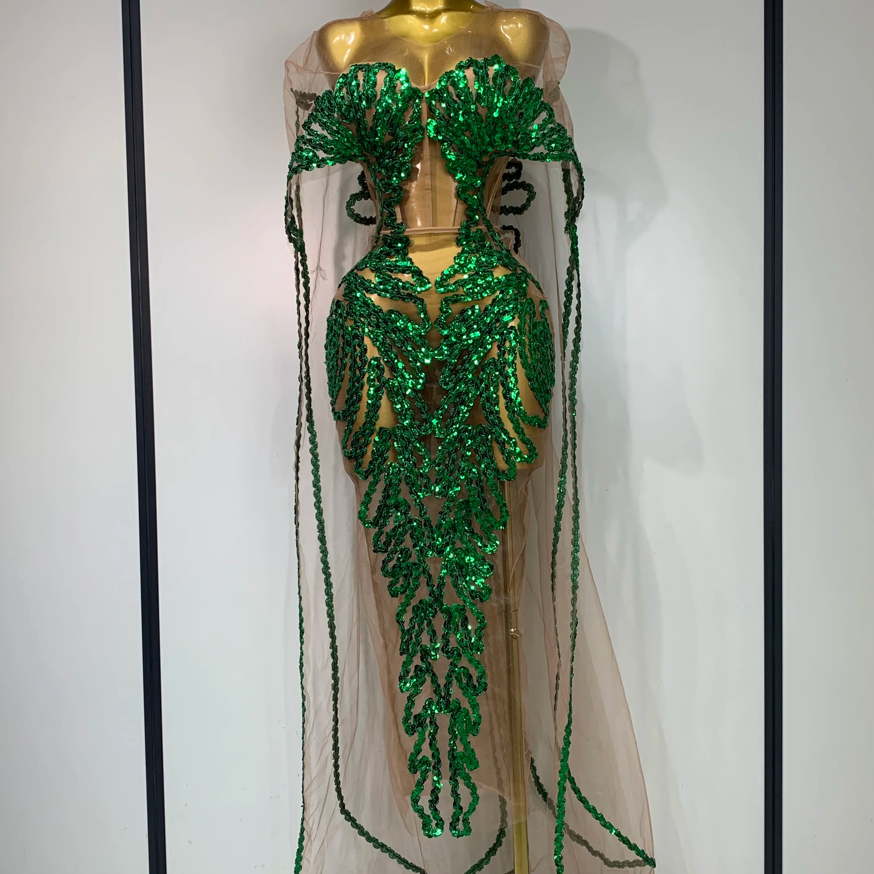 Sexy Mesh See Through Long Dress Sparkly Green Sequins Night Club Party Dress Cloak Birthday Celebrate Drag Queen Stage Costumes