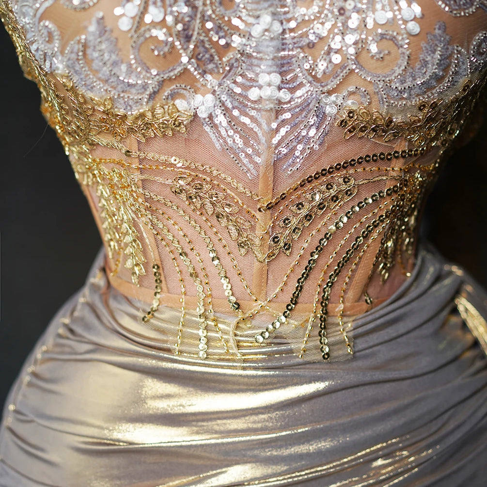 Sparkly Beading Sequins Strapless 2 Pieces Bodycon Mini Dress Fashion Nightclub Party Bar Singer Performance Costume Stage Wear