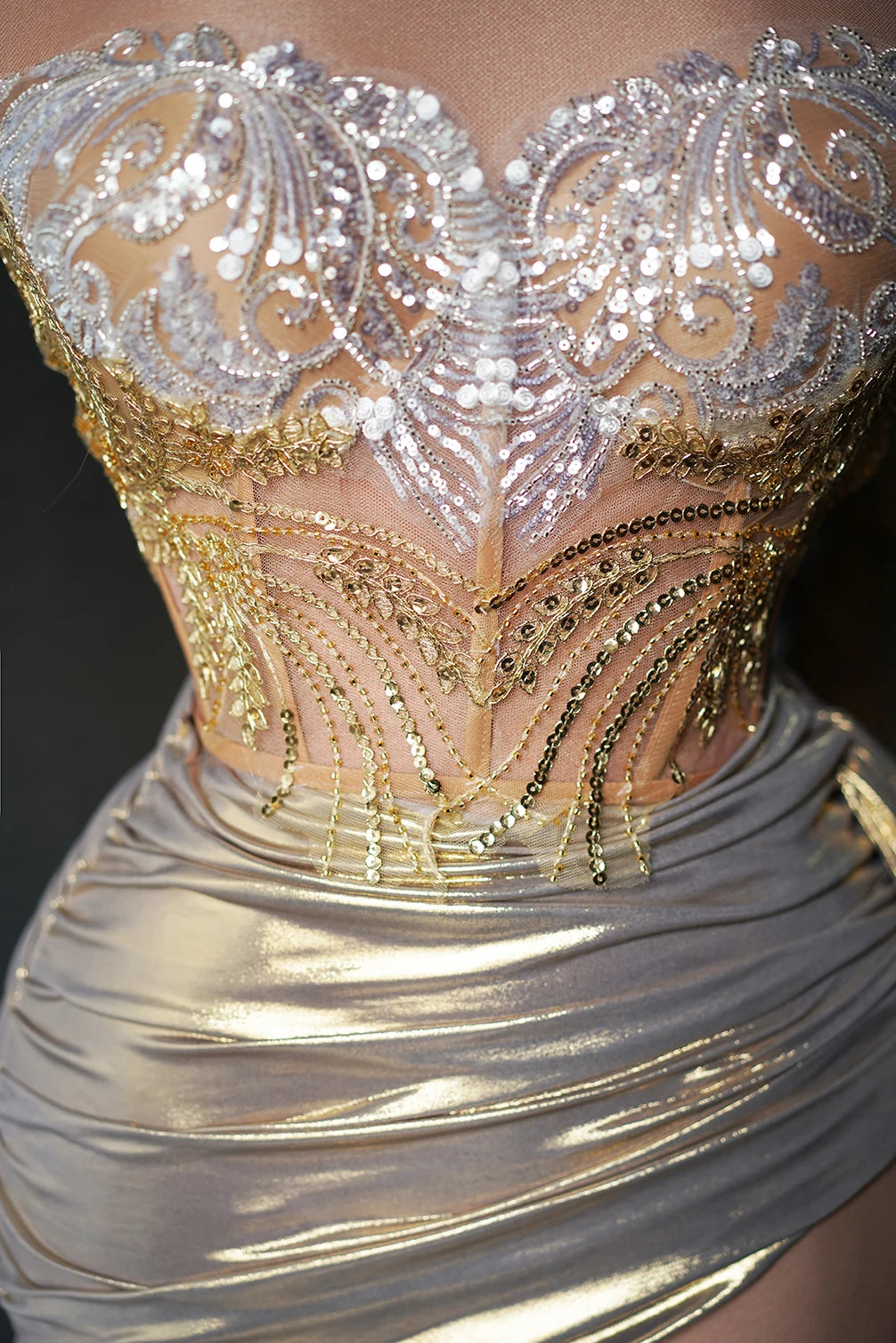 Sparkly Beading Sequins Strapless 2 Pieces Bodycon Mini Dress Fashion Nightclub Party Bar Singer Performance Costume Stage Wear