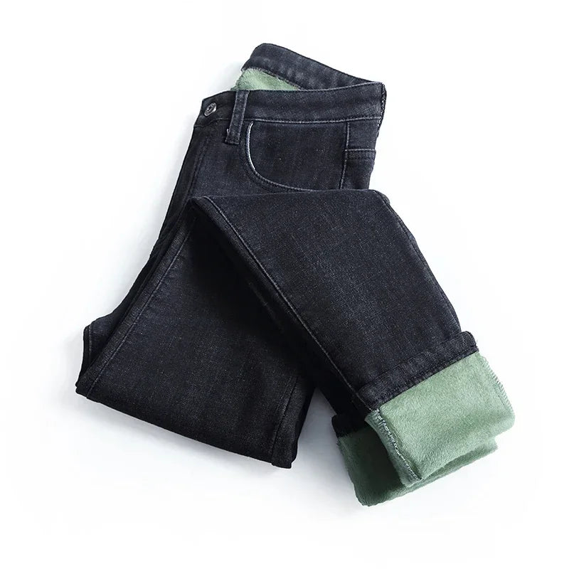 Winter Women`s Fleece Lined Jeans High Waist Thick Comfy Warm Stretchy Denim Pants Trousers For Girls