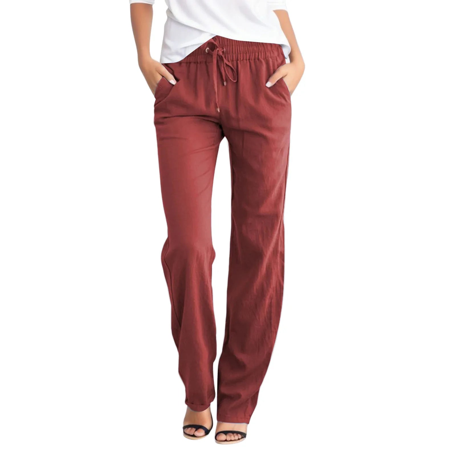 Solid Casual Straight Pants Elastic Waist Drawstring Long Pants Loose Daily Versatile Women Pants Retro Women Casual Trousers