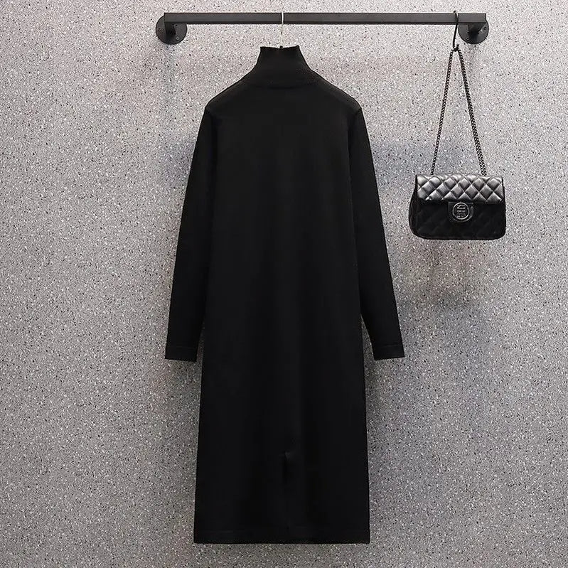 Winter New Korean Style Plush Thickened Plush Neck Jacket Knitted Dress Two Piece Elegant Women's Dress Set only black dress
