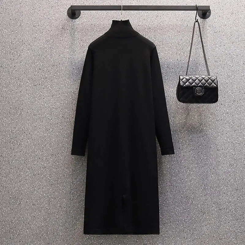 Winter New Korean Style Plush Thickened Plush Neck Jacket Knitted Dress Two Piece Elegant Women's Dress Set only black dress
