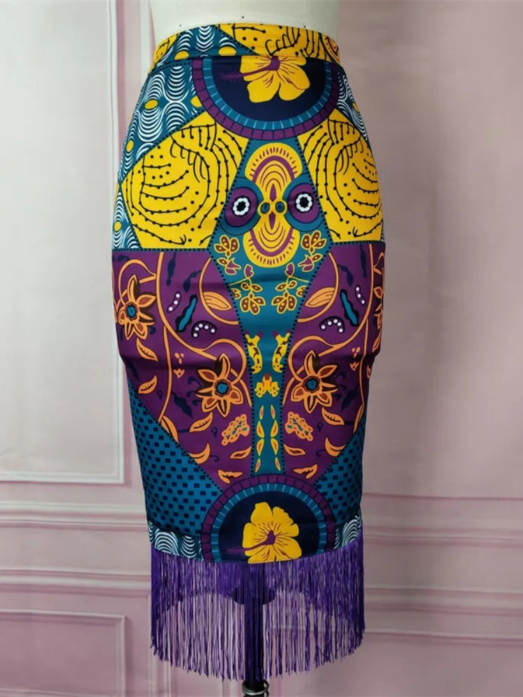 Women Summer Print Skirt Vintage Floral African Fashion High Waist Tassel Classy Modest Elegant Retro Jupes Falads Drop Shipping