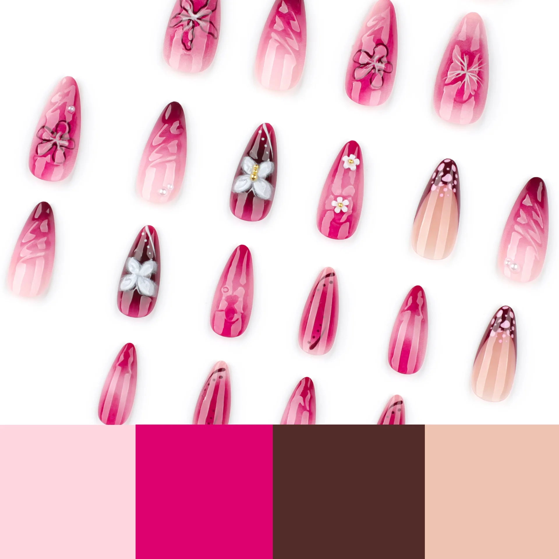 24pcs Charming Almond Fake Nails Smudging Rose Pink Almond False Nail White Ice Flower French Style Press On Nail For Spicy Girl