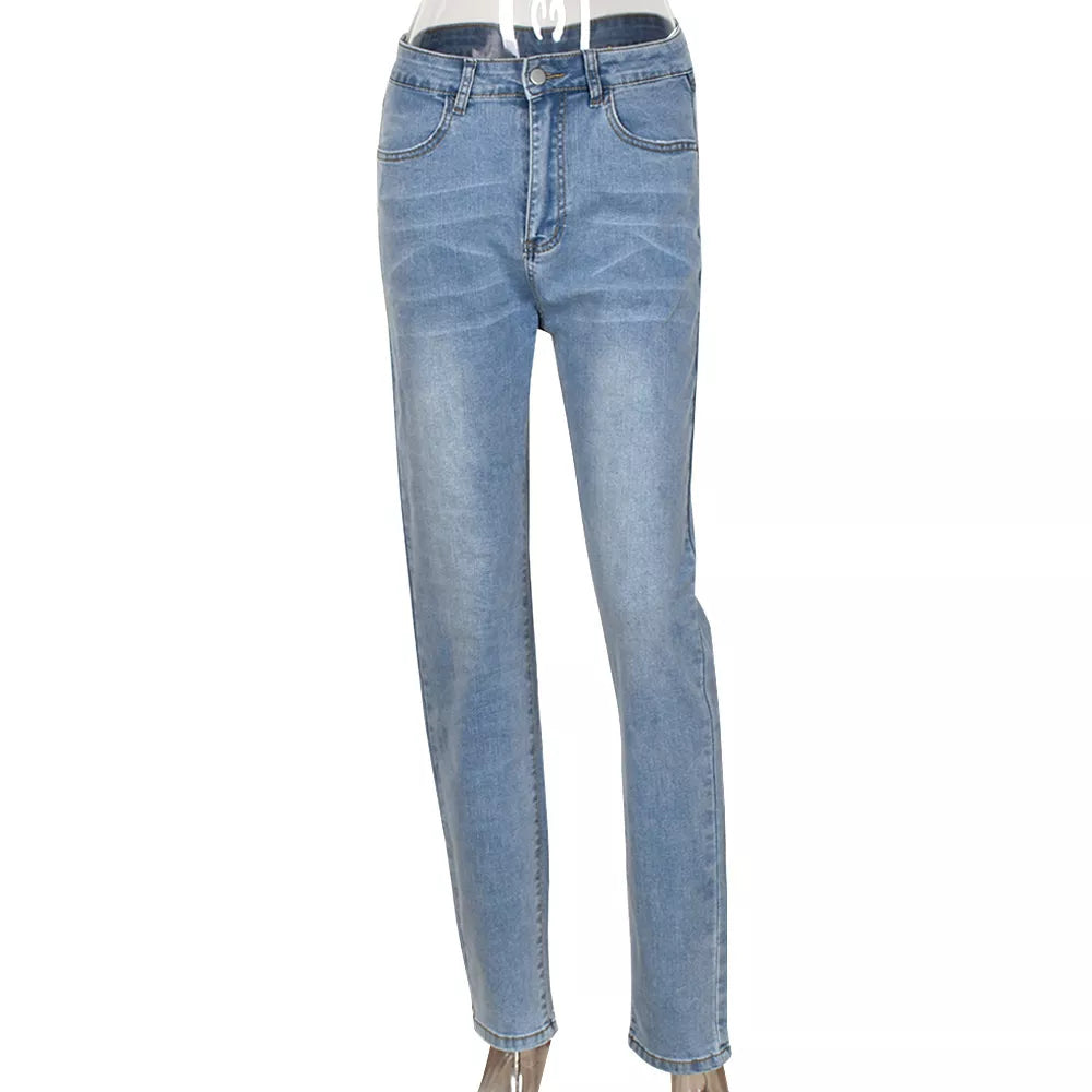 Cut Out Tight Pencil Jeans Women Denim Streetwear High Waist Vintage Wash Skinny Long Trousers Fairycore Grunge Pants Blue