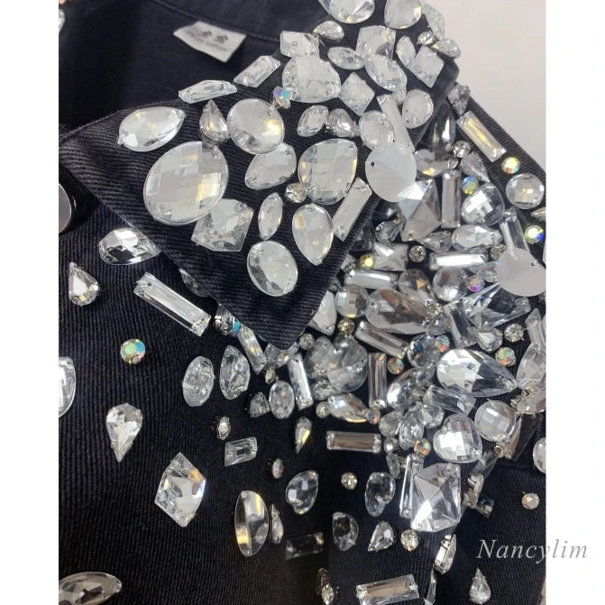 Studded Black Denim Jacket Woman Fashion Brand Designer Model Heavy Industry Rhinestone Beaded Sequins Street Diamond Jean Coat