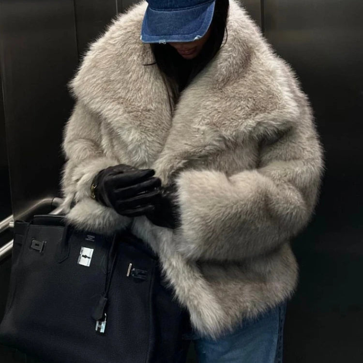 Women's Faux Fur Cropped Jacket Coat Autumn Winter New Lapel Long Sleeve Thick Warm Soft Jacket Female Chic Warm Outerwear