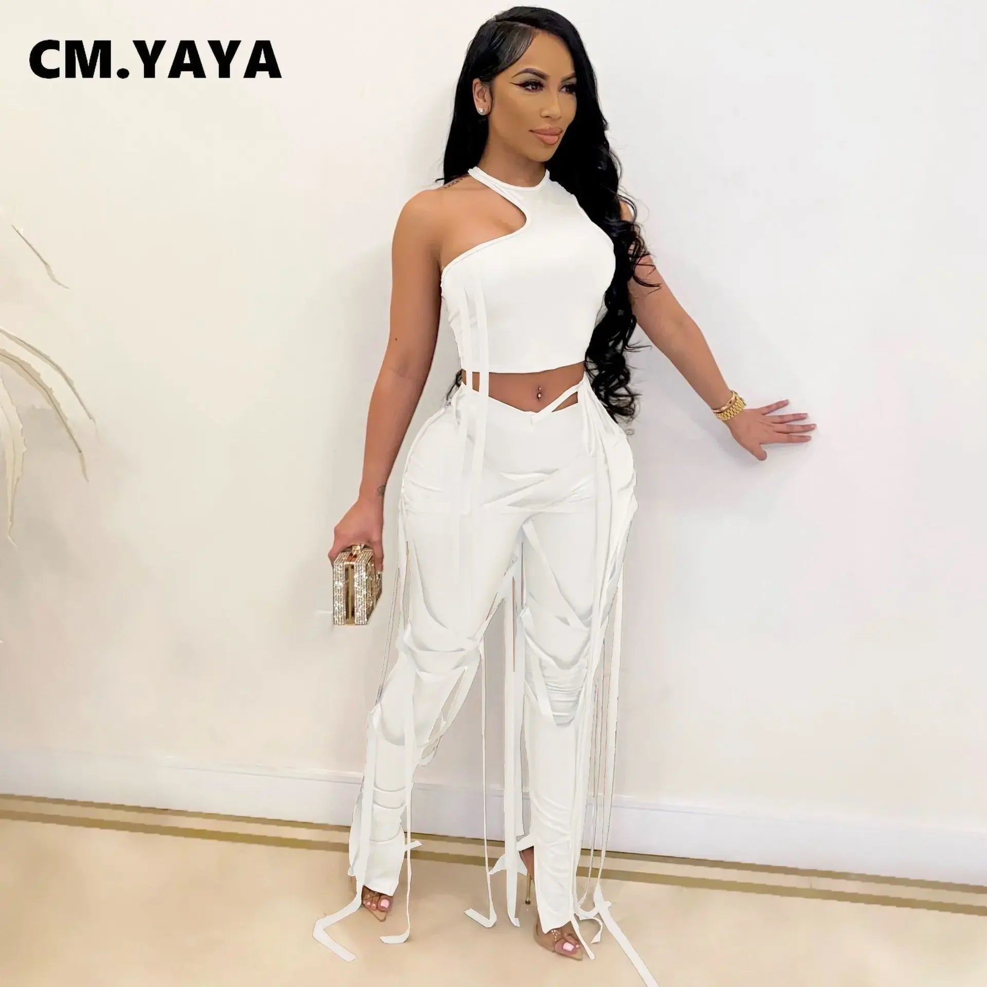 CM.YAYA Faux Leather Women's Set Drawstring Lace Up Slit Leggings Pants Suit and Crop Top Street Tracksuit Two Piece Set Outfit