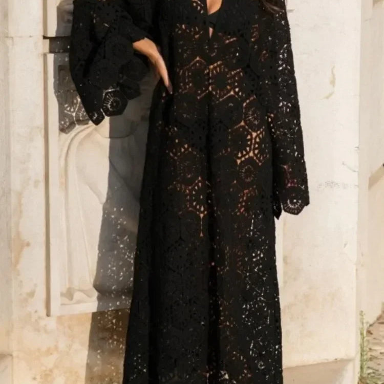 V Neck Crochet Hollowed Out Flare Sleeve Midi Dress Women Loose See Through Vestidos Sexy Party Beach Vacation Female Robes