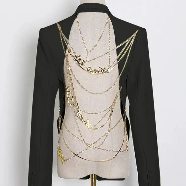 Blazers femininos com botões e costas nuas, gola entalhada, manga comprida, patchwork, corrente, chique, moda feminina, novo