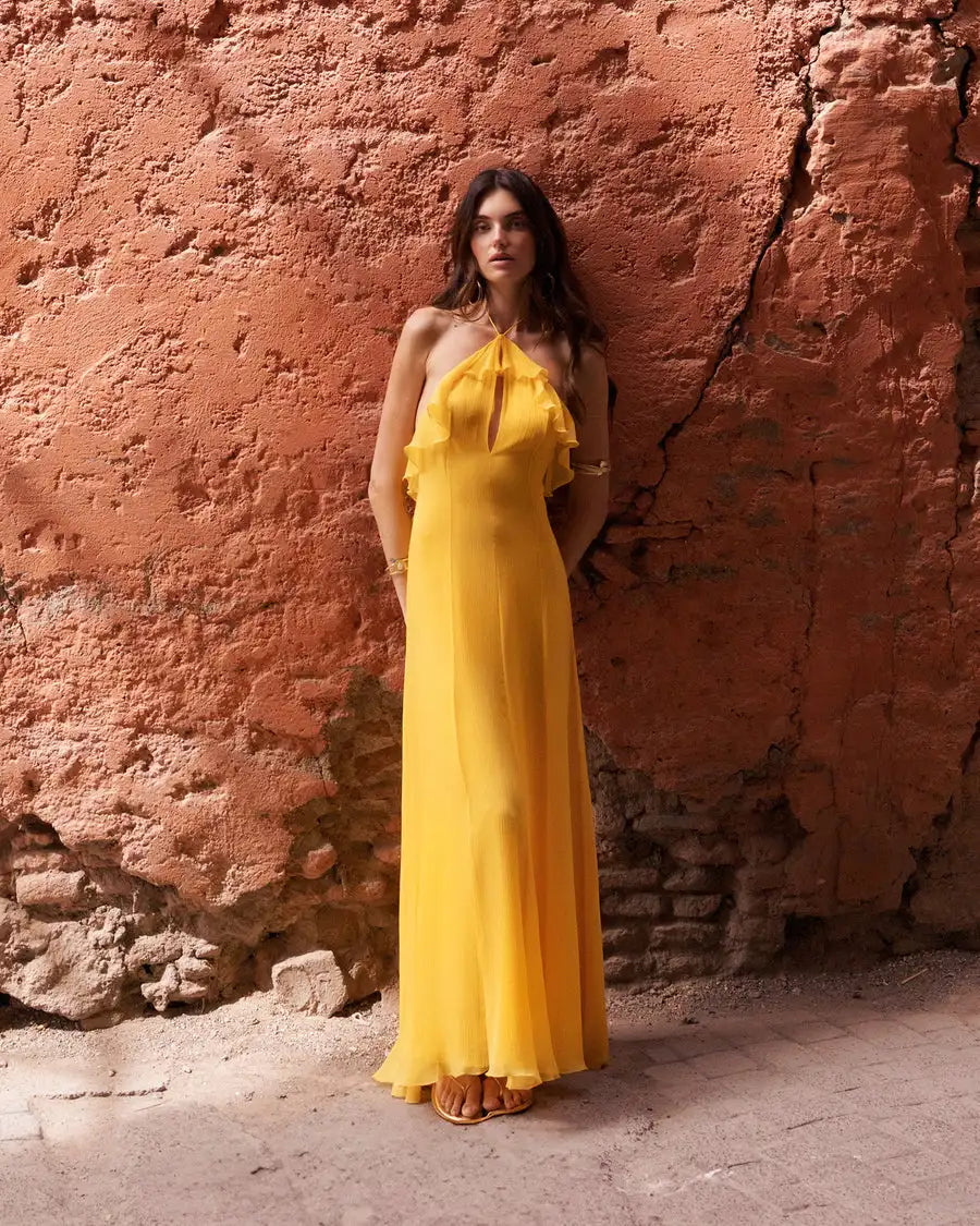 2025 New Summer Women Sexy Halter Chiffon Loose Long Dress Beach Style Vacation Casual Birthday Party Outfit Vestido