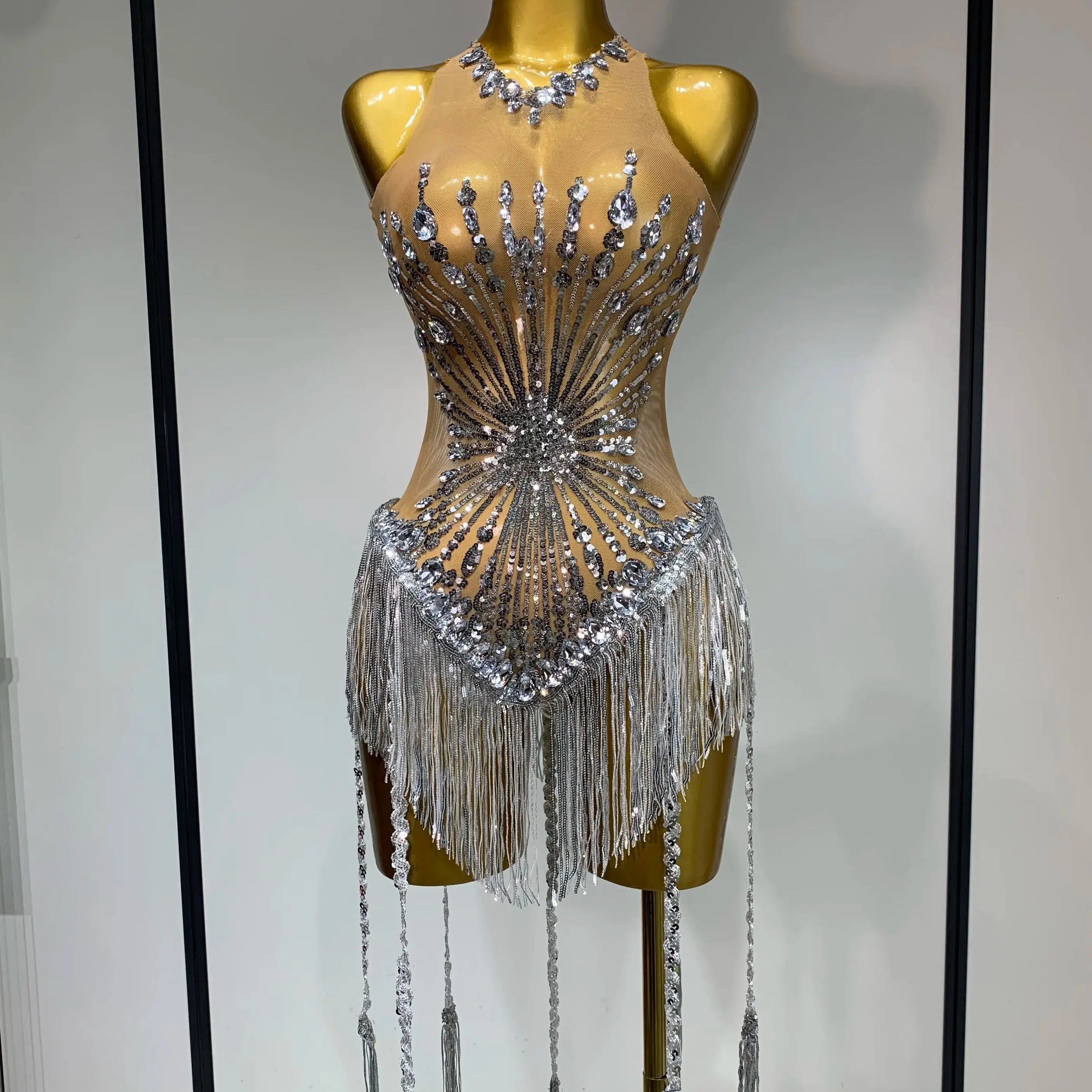 Women Sexy Mesh See Through Diamonds Long Tassels Bodysuit Luxury Evening Party Bar Nightclub Stage Performance Singer Outfit