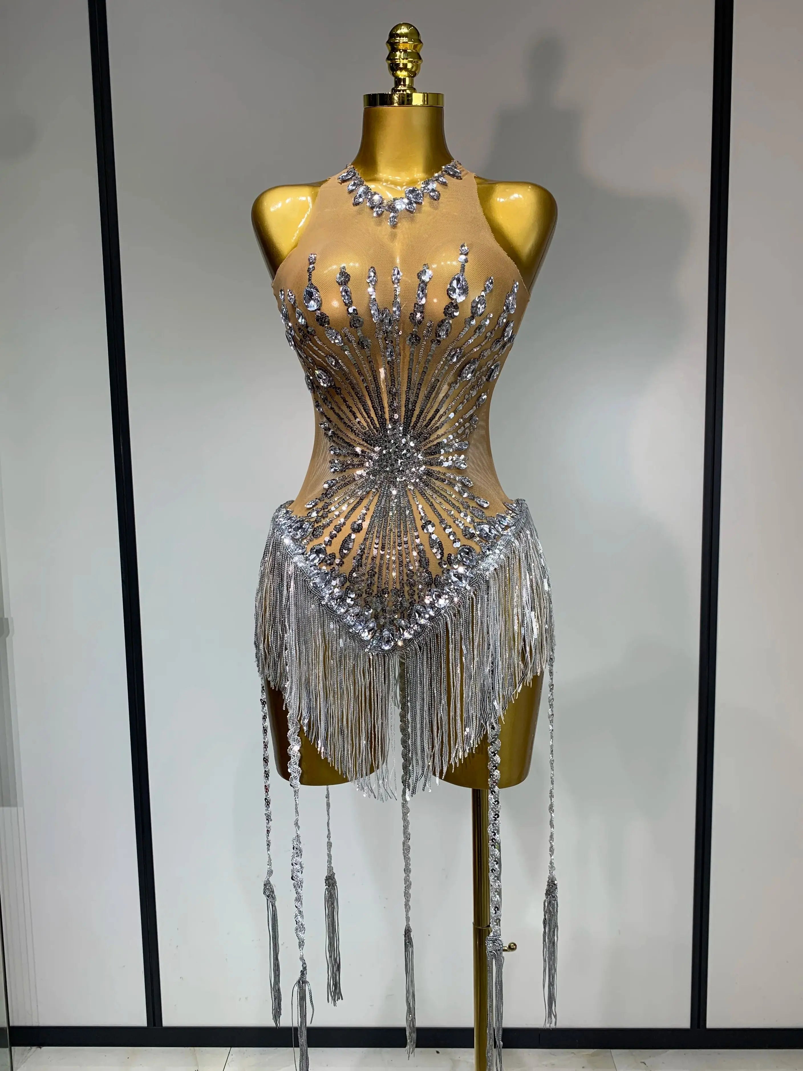 Women Sexy Mesh See Through Diamonds Long Tassels Bodysuit Luxury Evening Party Bar Nightclub Stage Performance Singer Outfit