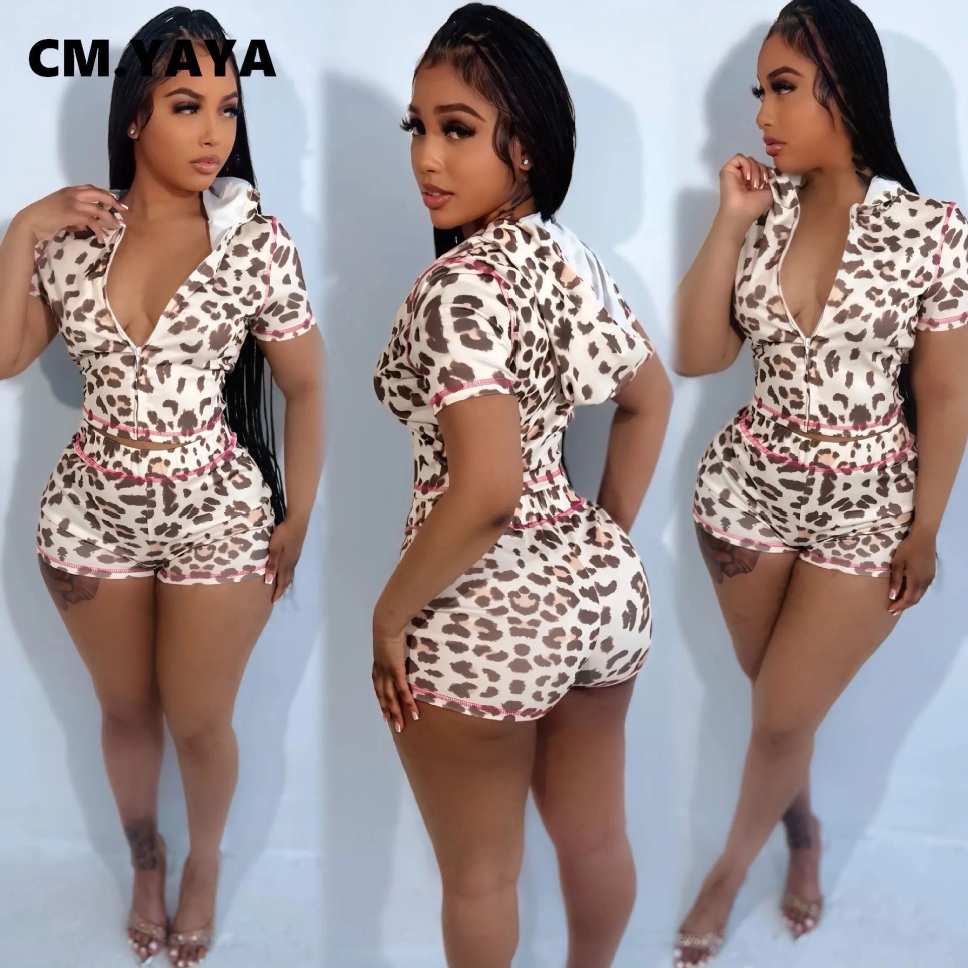 CM.YAYA Fashion Leopard Print Women's Set Short Sleeve Hoodies + Shorts Suit 2025 Streetwear Active Two 2 Piece Set Tracksuit