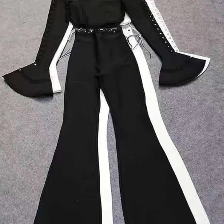 Conjunto de bandagem feminino estilo inverno sexy manga comprida flare preto e branco de duas peças 2022 designer de celebridades moda festa conjunto feminino