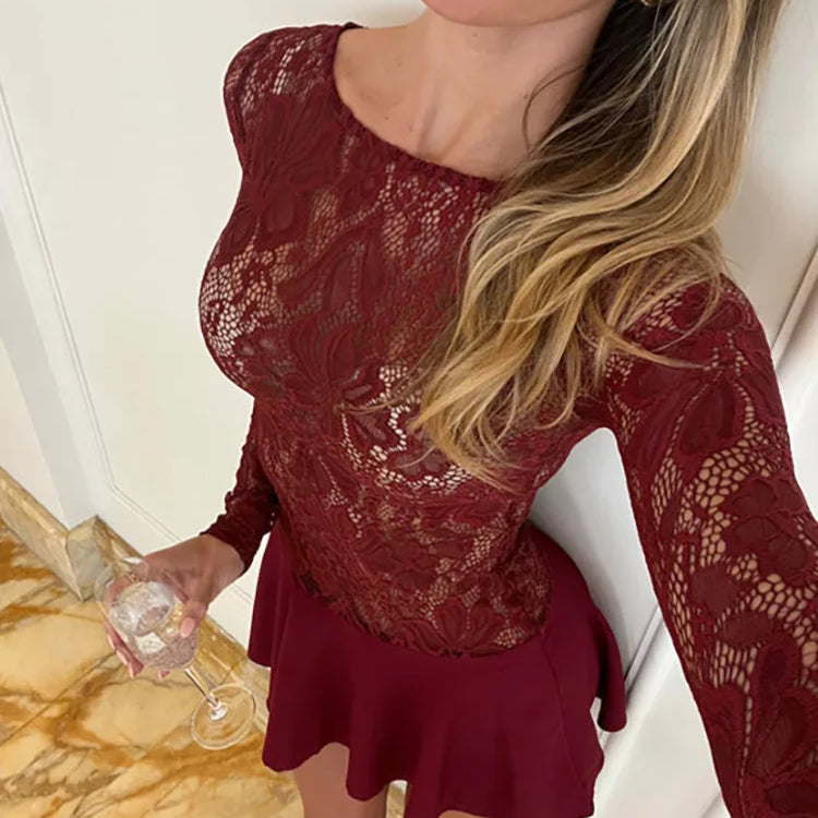 Lace Long Sleeve Sexy Mini Dress For Women Robe Patchwork O Neck Sheer Lace High Waist A-line Club Party Dress Vestido